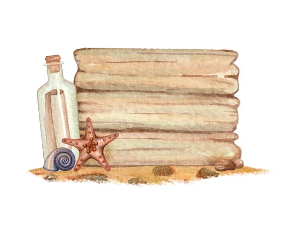 بشقاب چوبی آبرنگ با صدف و بطری