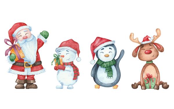 تصویر آبرنگ با بابا نوئل آدم برفی پنگوئن گوزن برای طراحی کارت کریسمس روی سفید جدا شده