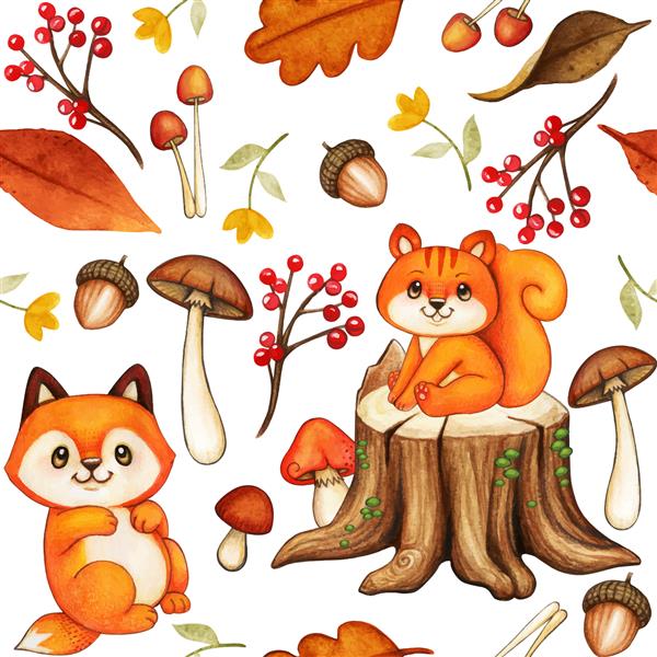 الگوی جنگلی آبرنگ زیبا با سنجاب و روباه