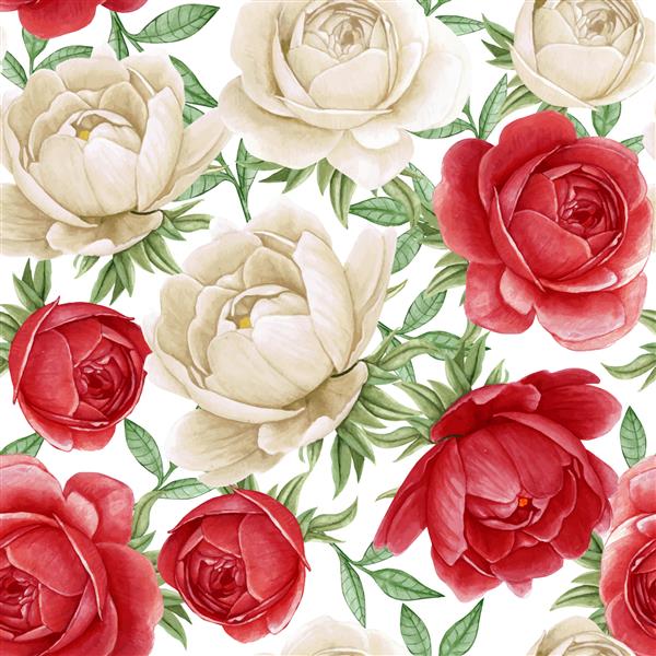 گل صد تومانی زیبا با الگوی بدون درز آبرنگ به رنگ سفید و قرمز