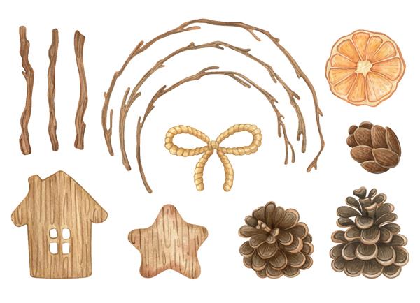مجموعه آبرنگ با عناصر چوبی دکور و طراحی کلیپ آرت پاییزی