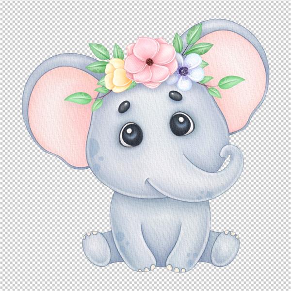 تصویر آبرنگ فیل ناز با تاج گل