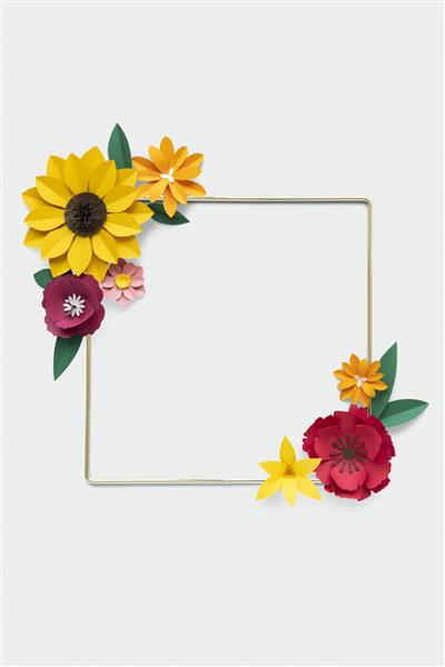 قاب طلایی مربع با ماکت کاردستی کاغذ گل