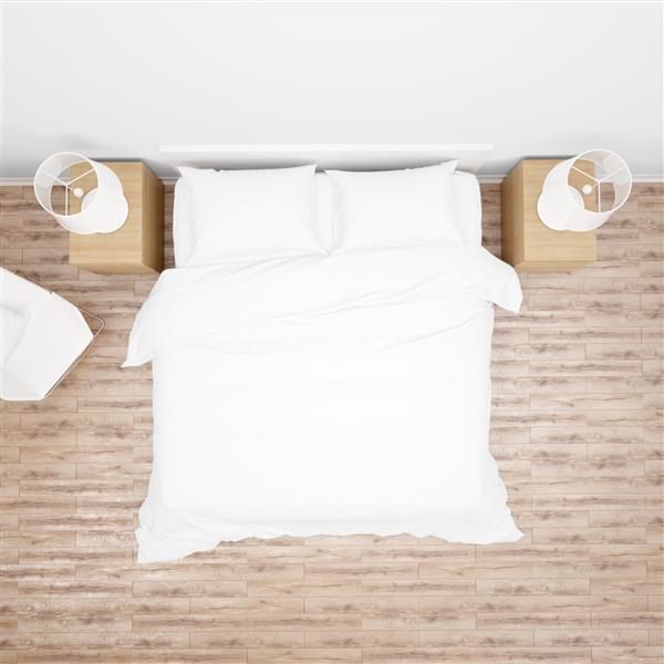 اتاق خواب یا اتاق هتل با تخت دو نفره با روتختی یا لحاف سفید مبلمان چوبی و کف پارکت نمای بالا