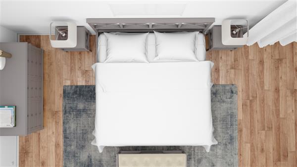 اتاق خواب مدرن یا اتاق هتل با تخت دو نفره و مبلمان ظریف نمای بالا
