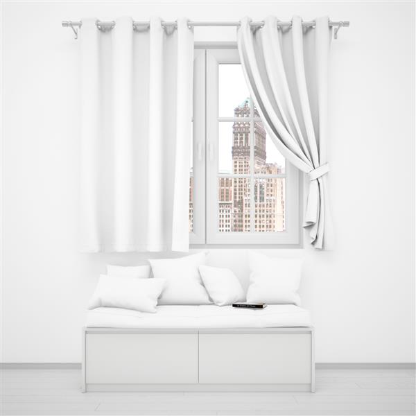 اتاق سفید واقعی با یک پنجره و یک مبل