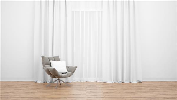 صندلی راحتی مدرن در کنار پنجره بزرگ با پرده های سفید کف چوبی اتاق خالی به عنوان مفهوم مینیمال