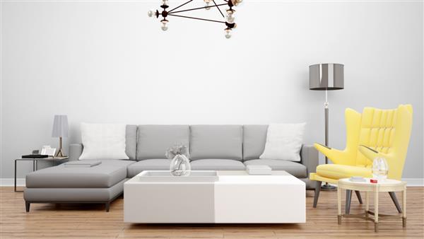 اتاق نشیمن زیبا با مبل خاکستری و صندلی راحتی زرد ایده های طراحی داخلی