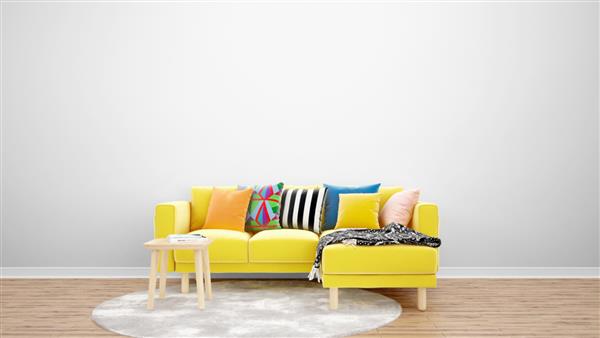 اتاق نشیمن مینیمال با مبل و فرش زرد ایده های طراحی داخلی