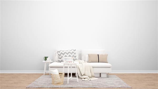 اتاق نشیمن مینیمال با مبل سفید و فرش ایده های طراحی داخلی