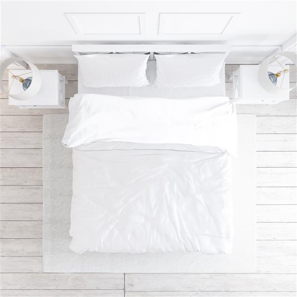 نمای بالای ماکت اتاق خواب سفید با عناصر تزئینی