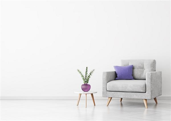 فضای داخلی اتاق نشیمن با صندلی راحتی مخملی خاکستری بالش بنفش گلدان و میز قهوه در زمینه دیوار سفید خالی رندر سه بعدی