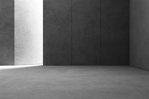 طراحی داخلی انتزاعی نمایشگاه مدرن با کف بتنی خاکستری خالی و پس زمینه دیوار تیره تصویر سه بعدی سالن یا صحنه