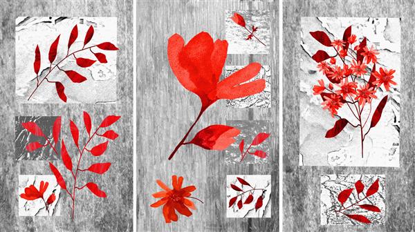 مجموعه ای از نقاشی های رنگ روغن طراحان دکوراسیون داخلی هنر انتزاعی معاصر روی بوم نقاشی با بافت ها و گل های مختلف خاکستری با قرمز
