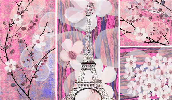 مجموعه ای از نقاشی های طراحان نقاشی شده با رنگ روغن دکوراسیون داخلی هنر انتزاعی معاصر روی بوم نقاشی با بافت ها و گل های مختلف پاریس و بهار