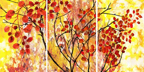 نقاشی رنگ روغن طراح دکوراسیون داخلی هنر انتزاعی مدرن روی بوم مجموعه ای از تصاویر با بافت ها و رنگ های مختلف درختی با برگ های قرمز