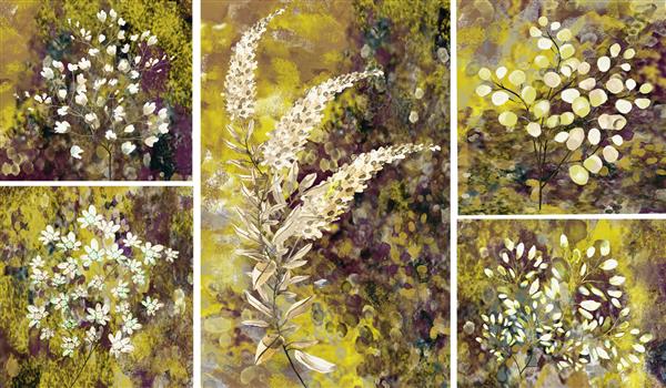 مجموعه نقاشی های رنگ روغن طراحان دکوراسیون داخلی هنر انتزاعی مدرن روی بوم مجموعه ای از تصاویر با بافت ها و رنگ های مختلف گل های سفید در زمینه رنگی