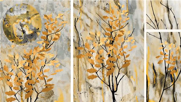 مجموعه نقاشی های رنگ روغن طراحان دکوراسیون داخلی هنر انتزاعی مدرن روی بوم مجموعه ای از تصاویر با بافت ها و رنگ های مختلف برگ های طلایی روی درختان پس زمینه خاکستری