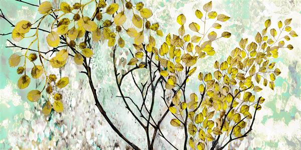 نقاشی رنگ روغن طراح دکوراسیون داخلی هنر انتزاعی مدرن روی بوم مجموعه ای از تصاویر با بافت ها و رنگ های مختلف درختی با برگ های زرد در پس زمینه آبی