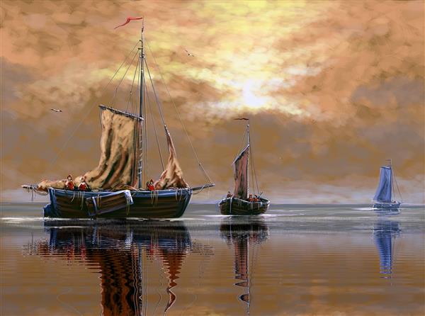 نقاشی رنگ روغن منظره دریا ماهیگیر کشتی قایق هنرهای زیبا