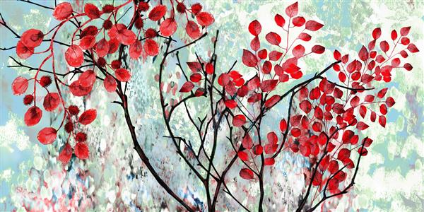 مجموعه نقاشی های رنگ روغن طراحان دکوراسیون داخلی هنر انتزاعی مدرن روی بوم درختی با برگ های قرمز در پس زمینه آبی