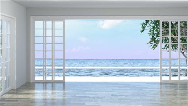 ویلای داخلی اتاق خالی لوکس با کف چوبی تعطیلات تابستانی با تصویر سه بعدی هوایی