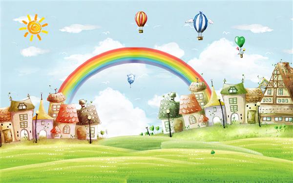 تصویر برای کودکان شهر نقاشی شده رنگین کمان و بادکنک