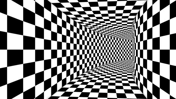 یک تصویر سه بعدی طلسم از یک توهم نوری تشکیل شده توسط مربع های سیاه و سفید که یک تونل مکعبی بزرگ از صفحه شطرنج ایجاد می کند که حال و هوای جادویی و ماوراء طبیعی ایجاد می کند