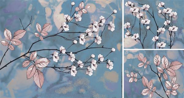 مجموعه نقاشی های رنگ روغن طراحان دکوراسیون داخلی هنر انتزاعی مدرن روی بوم گل های سفید در پس زمینه آبی