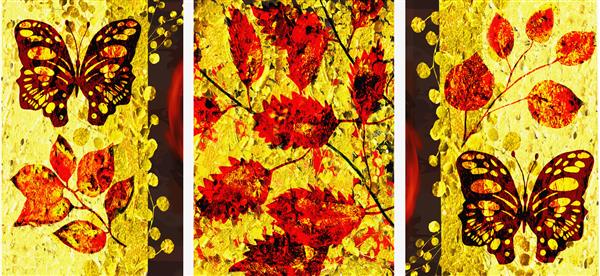 مجموعه نقاشی های رنگ روغن طراحان دکوراسیون داخلی هنر انتزاعی مدرن روی بوم قرمز و طلایی برگ و پروانه