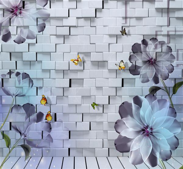 کاغذ دیواری پس زمینه گل های سه بعدی روی آجر رندر سه بعدی