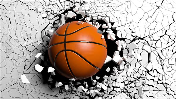 توپ بسکتبال با قدرت زیادی از دیوار سفید می شکند تصویر سه بعدی
