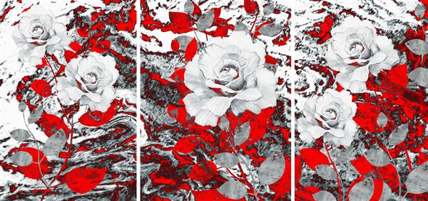 مجموعه ای از نقاشی های رنگ روغن طراحان دکوراسیون داخلی هنر انتزاعی مدرن روی بوم مجموعه ای از تصاویر با بافت ها و رنگ های مختلف گل رز در پس زمینه قرمز مایل به خاکستری