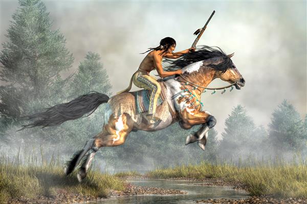 یک جنگجوی بومی آمریکایی در حالی که از روی یک نهر می پرد سوار بر اسب پوشیده شده از چتری خود می شود مرد نیزه شکار خود را در حالی که موستانگ هایش در دشت های غرب آمریکا می تازد بالا نگه داشته است رندر سه بعدی