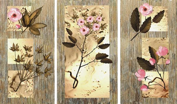 مجموعه ای از نقاشی های رنگ روغن طراحان دکوراسیون داخلی هنر انتزاعی مدرن روی بوم مجموعه ای از الگوها با بافت ها و رنگ های مختلف گل های صورتی در زمینه بژ