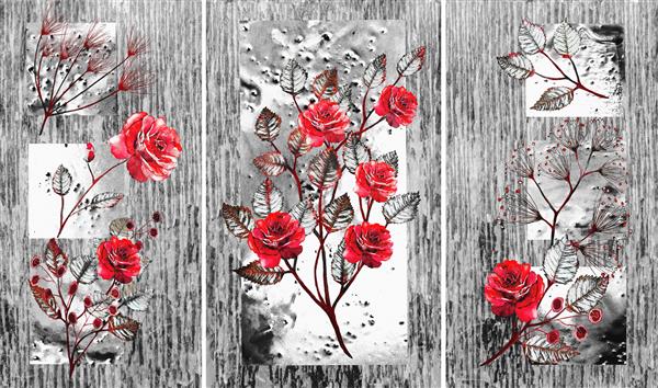 مجموعه نقاشی های رنگ روغن طراحان دکوراسیون داخلی هنر انتزاعی مدرن روی بوم مجموعه ای از الگوها با بافت ها و رنگ های مختلف گل رز قرمز در پس زمینه خاکستری