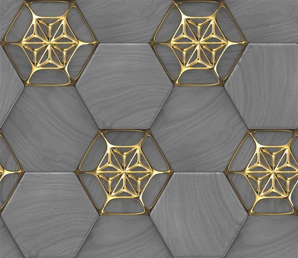 شش ضلعی سه بعدی ساخته شده از چوب مشکی رنگ شده با دکور مشبک طلایی بافت واقعی بدون درز با کیفیت بالا