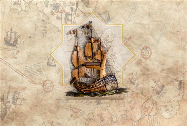 طرح کاغذ دیواری سه بعدی با کشتی بر روی نقشه پیری ریس برای نقاشی دیواری