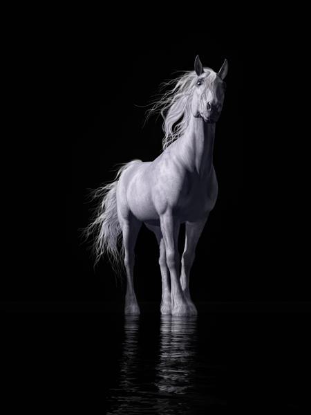 در زمینه سیاه اسبی با کت سفید یال و دم با چشمان آبی عمیق به شما خیره می شود در پای آن حوض کم عمقی از آب سفیدی اسب را در موج هایش منعکس می کند رندر سه بعدی