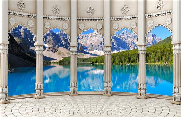 طراحی کاغذ دیواری سه بعدی با ستون های تاریخی روی منظره ای با کوه ها برای نقاشی دیواری