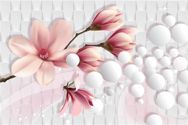 کاغذ دیواری سه بعدی ماگنولیا در پس زمینه انتزاعی سفید پس زمینه سه بعدی جشن تم گل این یک روند در طراحی داخلی است