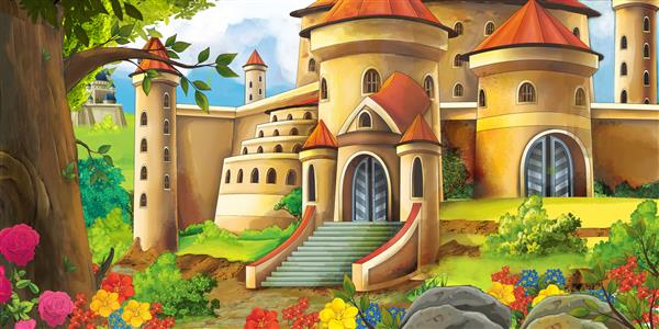 صحنه طبیعت کارتونی با قلعه های زیبا در نزدیکی جنگل تصویر برای کودکان