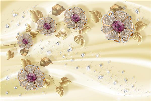 کاغذ دیواری سه بعدی گل های جواهرات در زمینه ابریشم تم گل این یک روند در طراحی است پس زمینه سه بعدی جشن