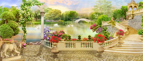 نقاشی دیواری دیجیتال تراس گل و دسترسی به دریاچه با قوهای سفید و منظره پارک