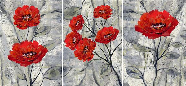 مجموعه نقاشی های رنگ روغن طراحان دکوراسیون داخلی هنر انتزاعی مدرن روی بوم مجموعه ای از تصاویر با بافت ها و رنگ های مختلف گل قرمز