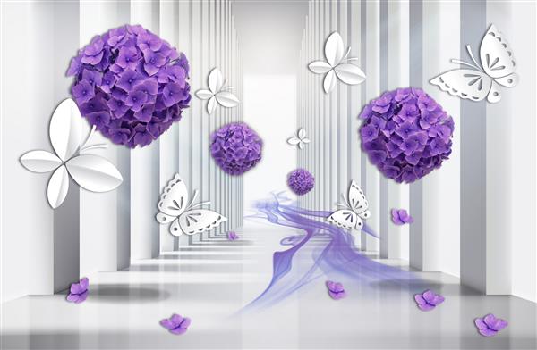کاغذ دیواری سه بعدی تونل انتزاعی با گل های هیدرانسی بنفش و پروانه های کاغذی