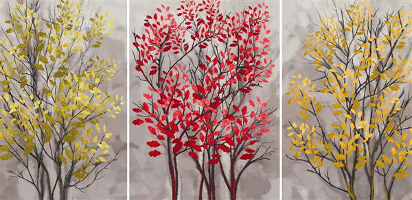مجموعه نقاشی های رنگ روغن طراحان دکوراسیون داخلی هنر انتزاعی مدرن روی بوم مجموعه ای از تصاویر درختی با برگ های قرمز و زرد