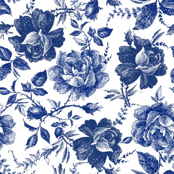 طراحی بدون درز با گل های رز جنگل افسانه ای گرافیک خط الگوی گیاه شناسی پرنعمت کشیده شده با دست طرح پارچه مد رنگ نیلی تصویر گل