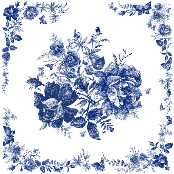 روسری ابریشمی با گل رز شال طرح قدیمی با گرافیک گلدار رترو جنگل افسانه ای تصویر خط گل با دست کشیده شده است طرح پارچه مد رنگ نیلی