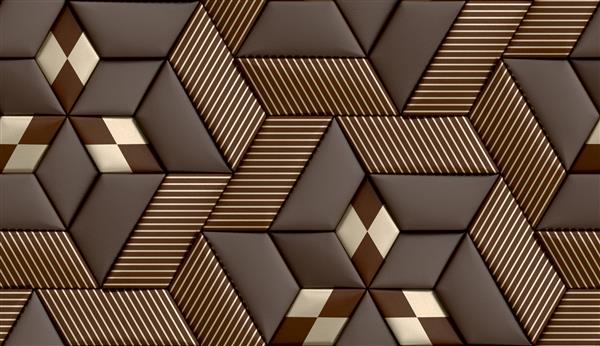 کاشی های هندسی نرم سه بعدی ساخته شده از چرم قهوه ای با راه راه های تزئینی طلایی و لوزی بافت واقعی بدون درز با کیفیت بالا